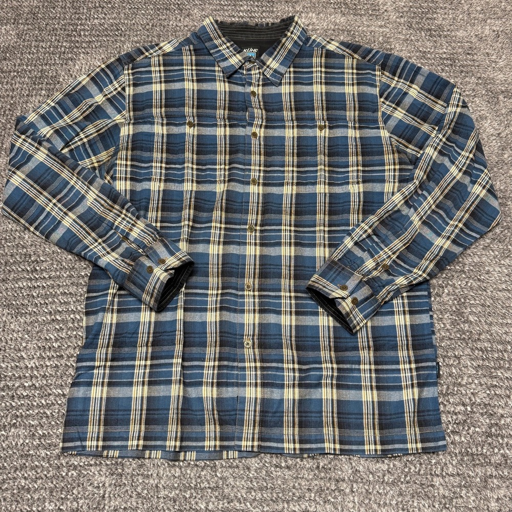 KÜHL‎ Mens Flannel Shirt L Blue Black Beige Plaid Cotton Long Sleeve Button Up